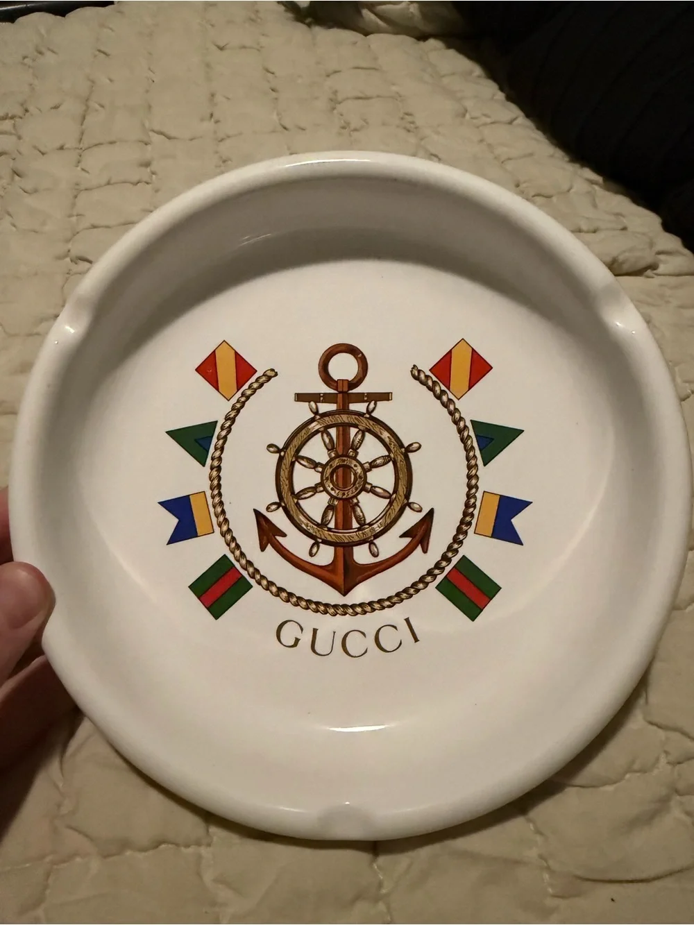 Gucci White Ceramic Plate with Nautical Anchor and Multicolor Flags